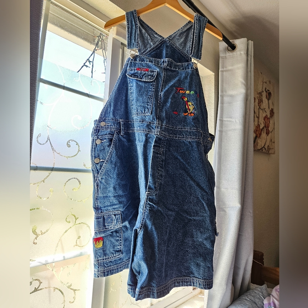 Vtg Looney Toons Tweety Denim Overall Shorts